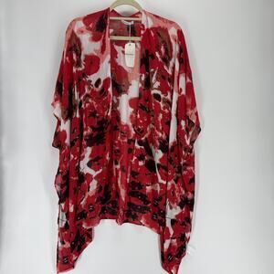 Moss Rose Kimono Cardigan Womens One Size Red Floral Sheer Lightweight Cover Up